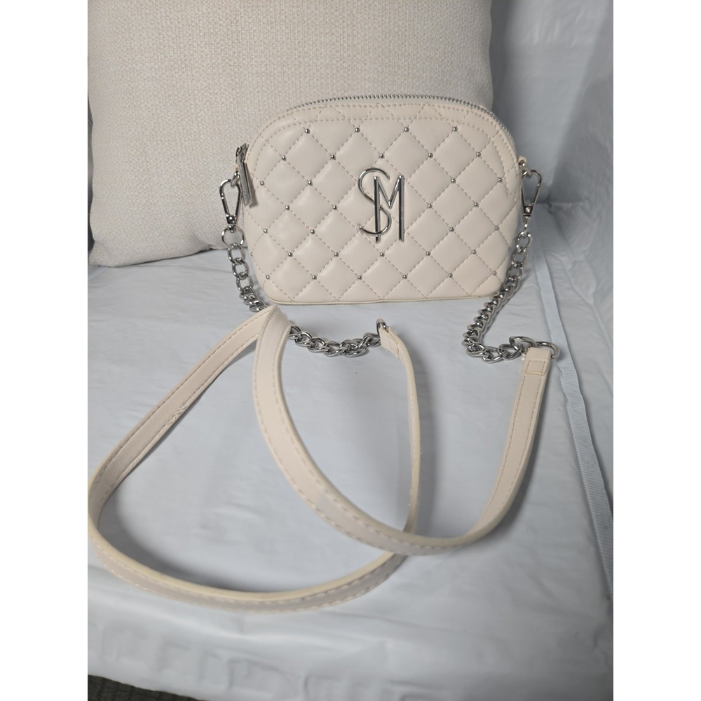 Steve Madden Cream Quilted Studded Crossbody Bag Silver SM Logo Dome Purse - Picture 2 of 8
